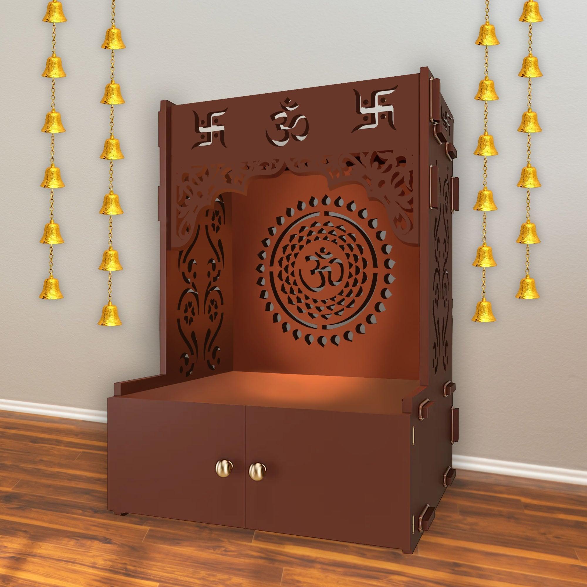 Designer Om Chakra Floor Temple with Spacious Wooden Shelf & Inbuilt Focus Light - Brown Finish - Decor Smart