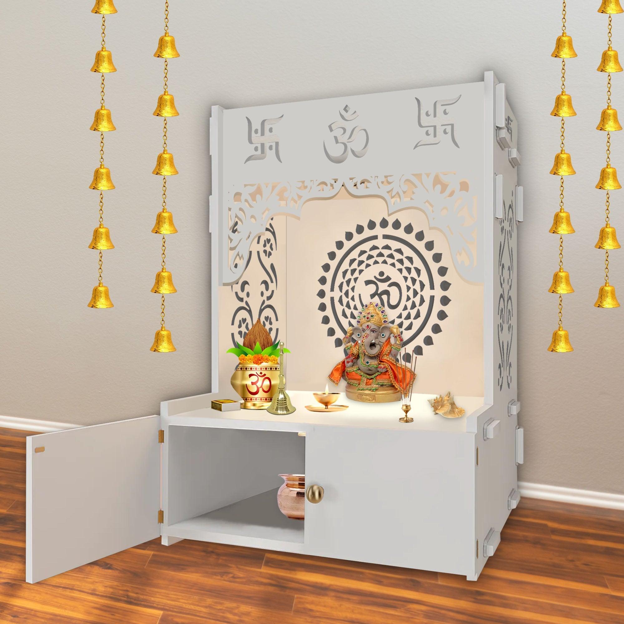 Designer Om Chakra Floor Temple with Spacious Wooden Shelf & Inbuilt Focus Light - White Finish - Decor Smart