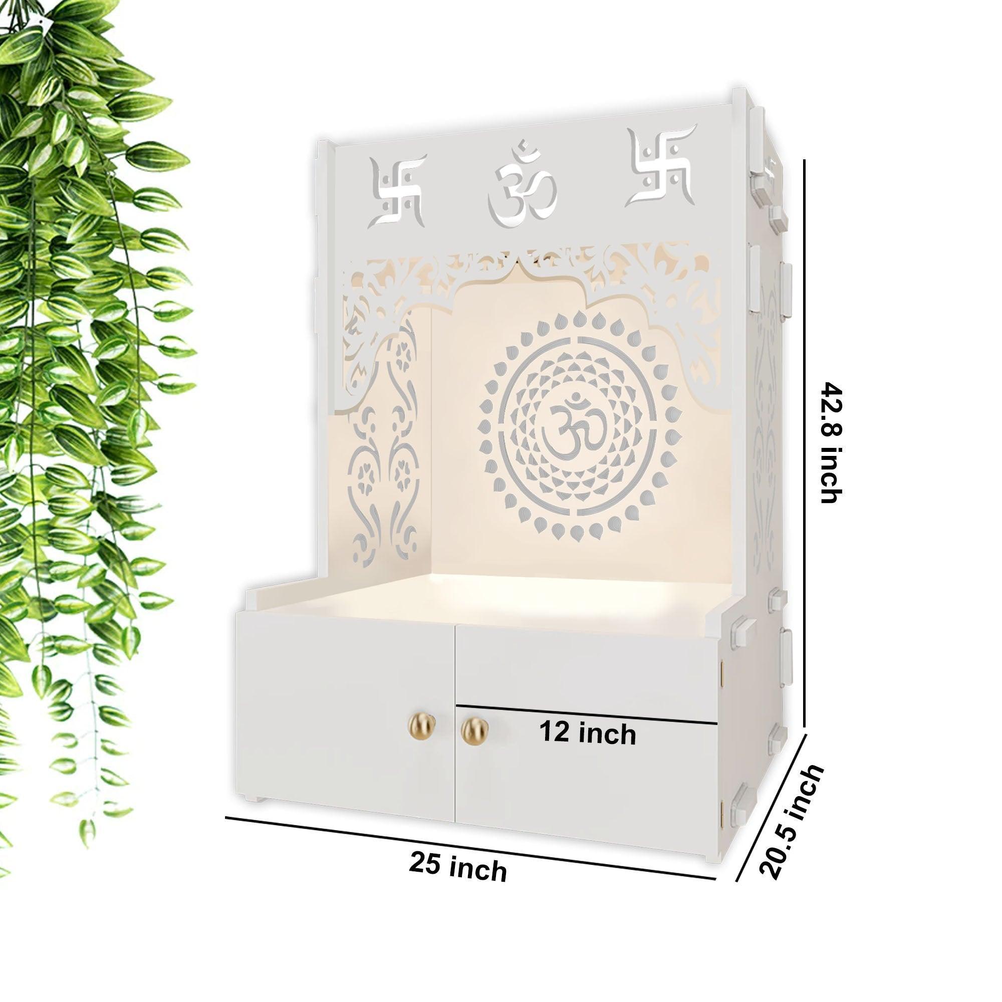 Designer Om Chakra Floor Temple with Spacious Wooden Shelf & Inbuilt Focus Light - White Finish - Decor Smart