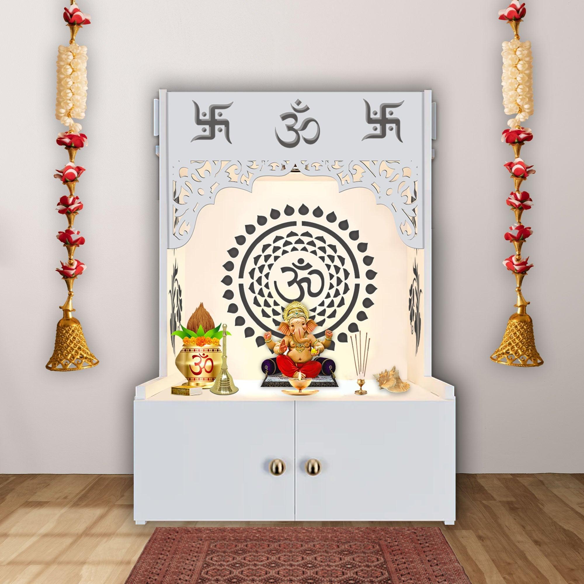 Designer Om Chakra Floor Temple with Spacious Wooden Shelf & Inbuilt Focus Light - White Finish - Decor Smart