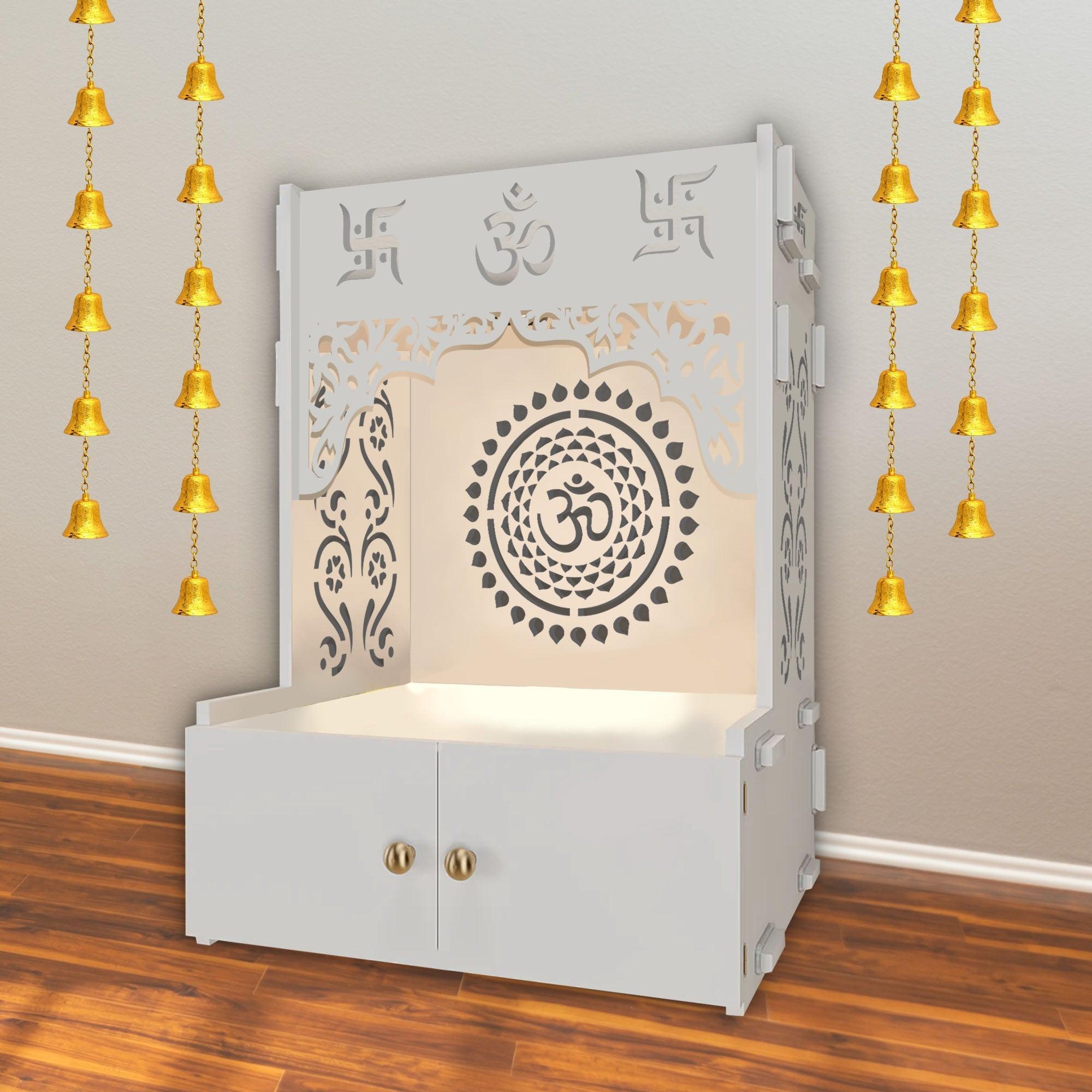 Designer Om Chakra Floor Temple with Spacious Wooden Shelf & Inbuilt Focus Light - White Finish - Decor Smart