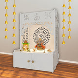 Designer Om Chakra Floor Temple with Spacious Wooden Shelf & Inbuilt Focus Light - White Finish - Decor Smart