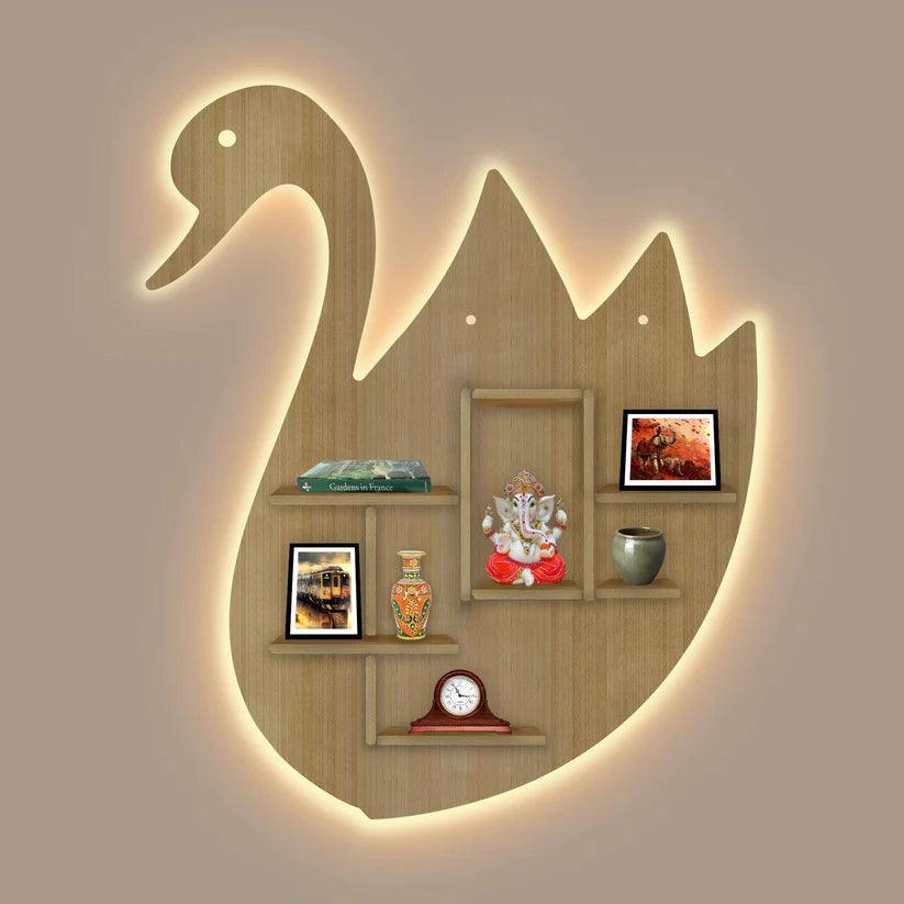 Designer Swan Shape Backlit Wooden LED Light Wall Shelf with Oak Finish - Decor Smart