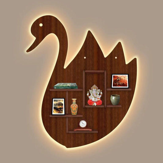 Designer Swan Shape Backlit Wooden LED Light Wall Shelf with Walnut Finish - Decor Smart