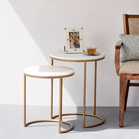 Designer White Marble Top Iron Stand Coffee Table Set of 2 - Decor Smart