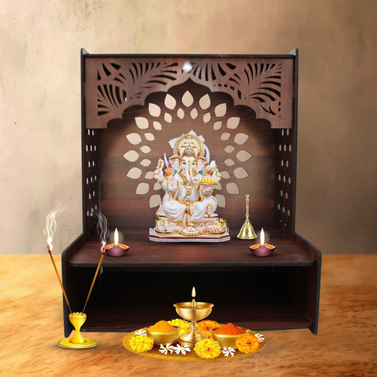 Designer Wooden Temple for Home with Spacious Shelf & Inbuilt Focus Lights - Decor Smart