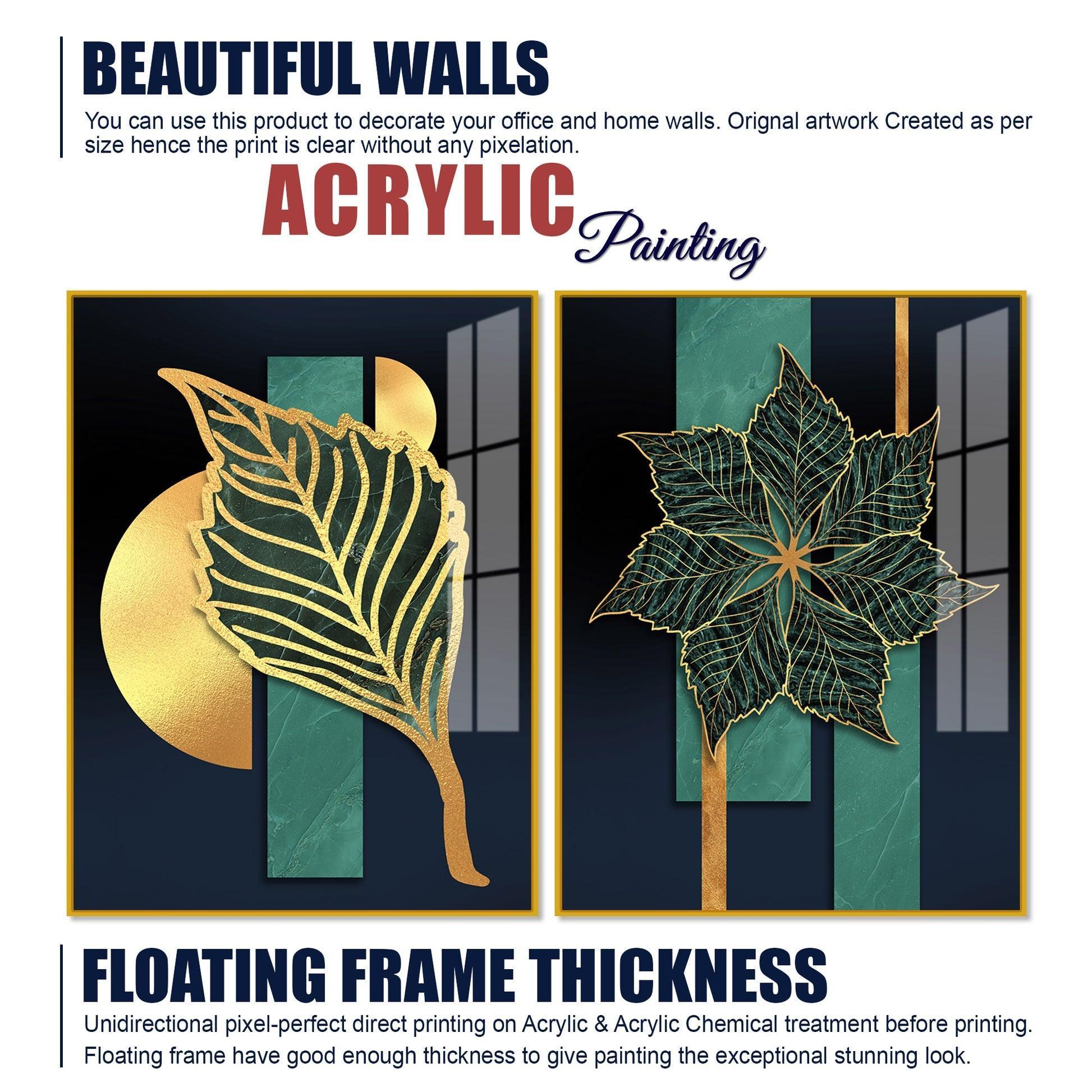 Detailed Leaves Pattern Acrylic Floating Wall Painting Set of 2 - Decor Smart