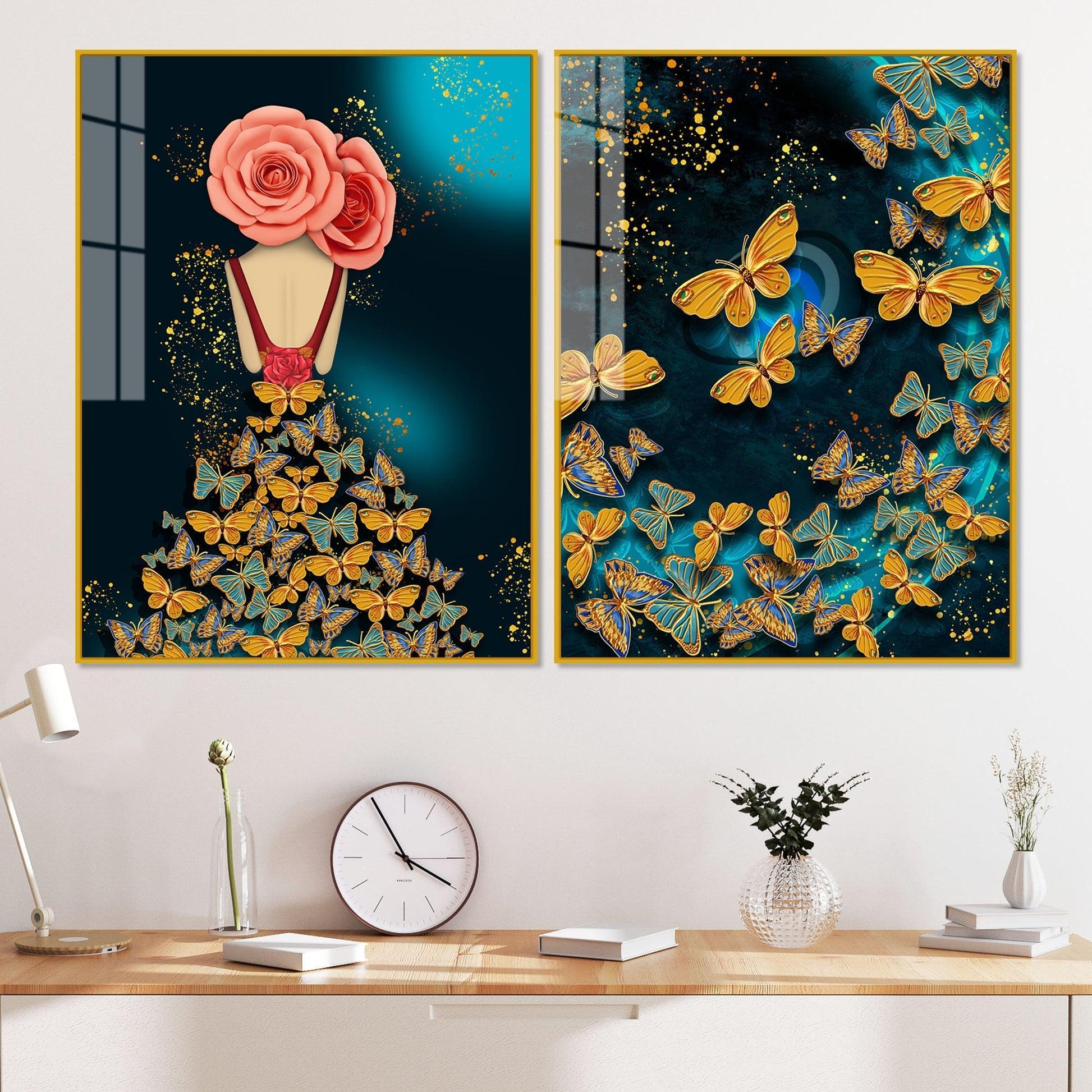Dress of Golden Butterflies Acrylic Floating Wall Painting Set of 2 - Decor Smart