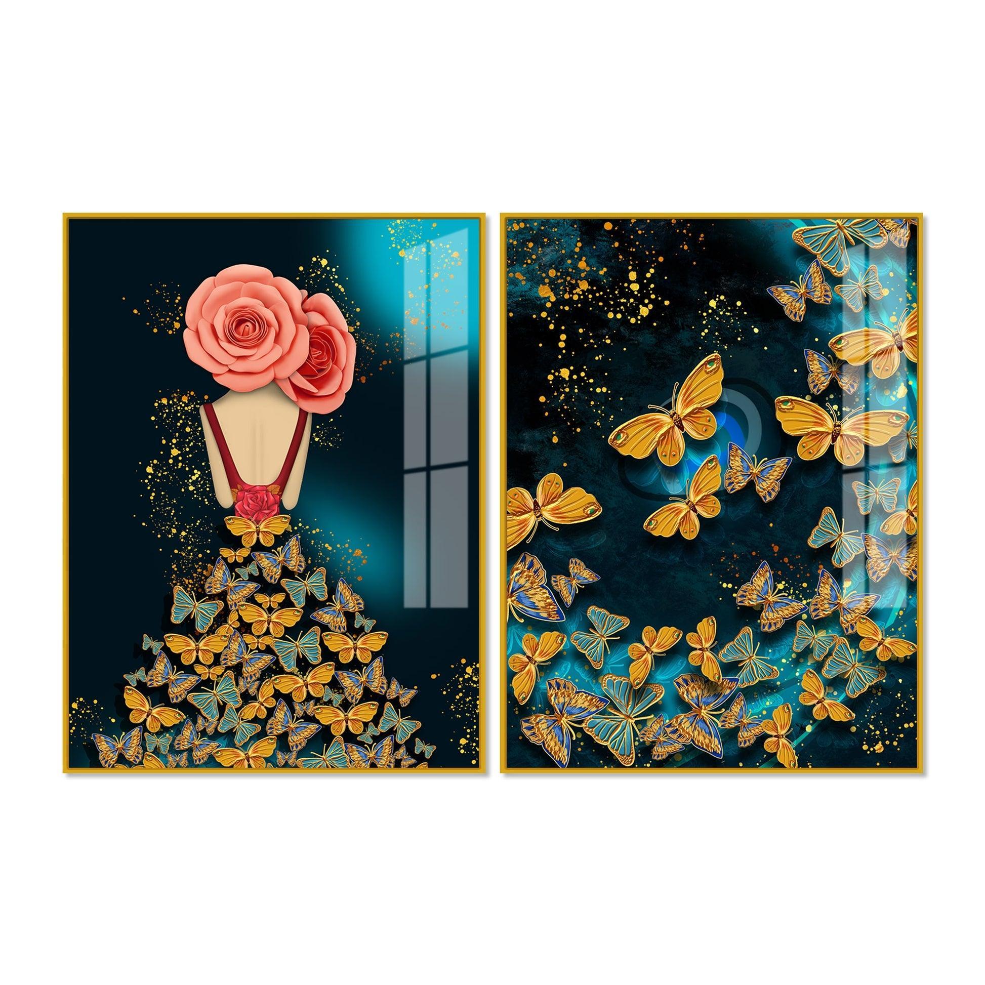 Dress of Golden Butterflies Acrylic Floating Wall Painting Set of 2 - Decor Smart
