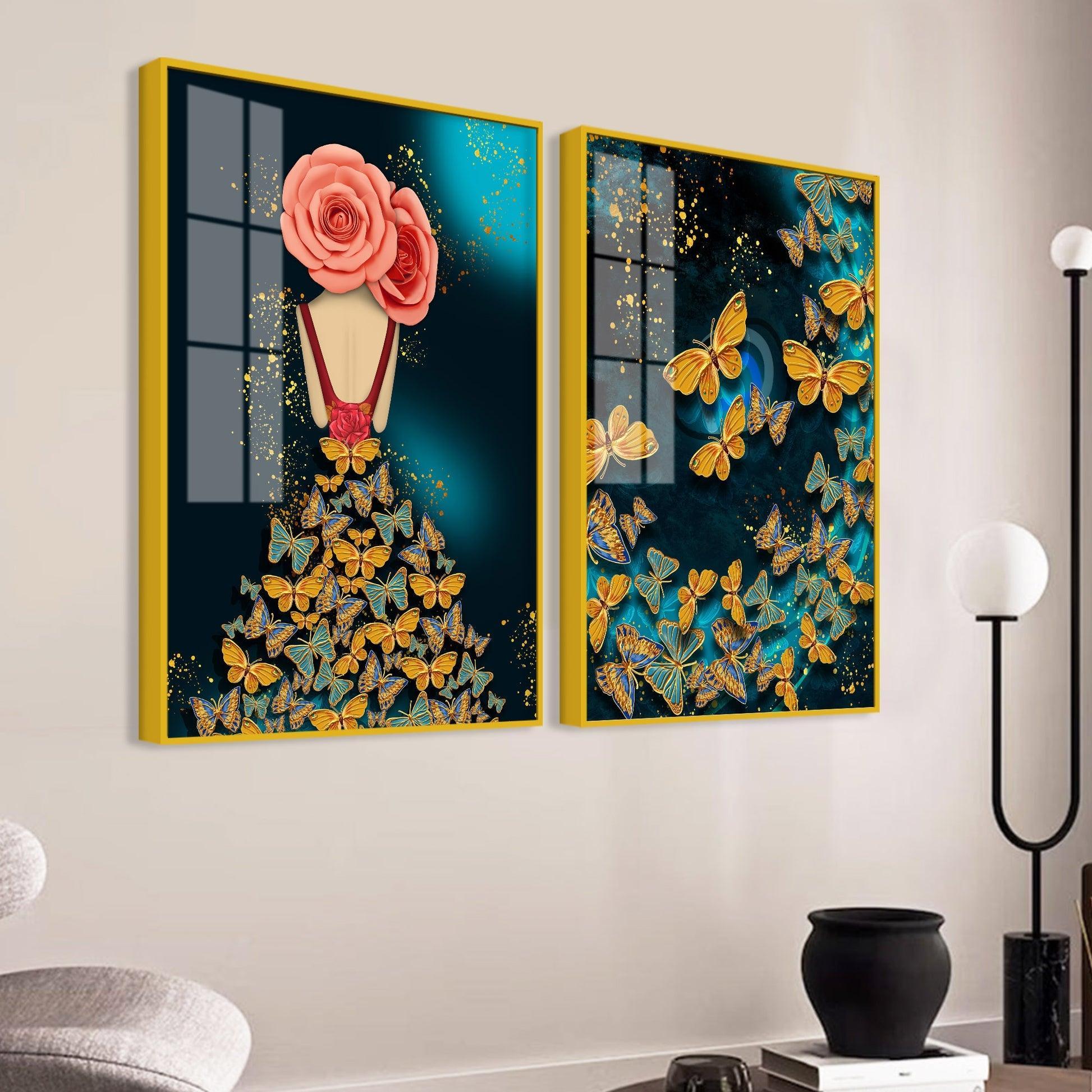 Dress of Golden Butterflies Acrylic Floating Wall Painting Set of 2 - Decor Smart