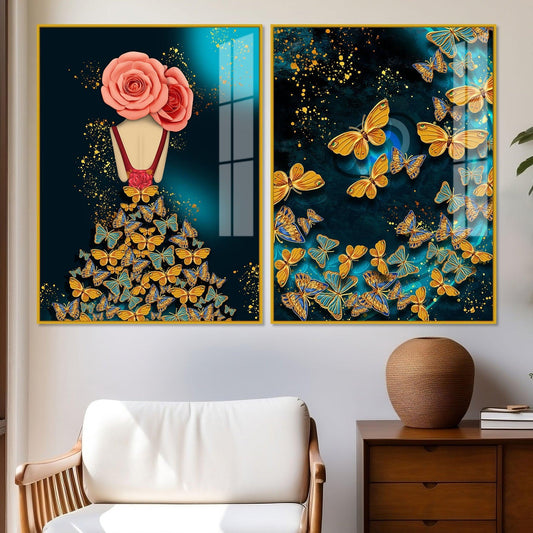 Dress of Golden Butterflies Acrylic Floating Wall Painting Set of 2 - Decor Smart
