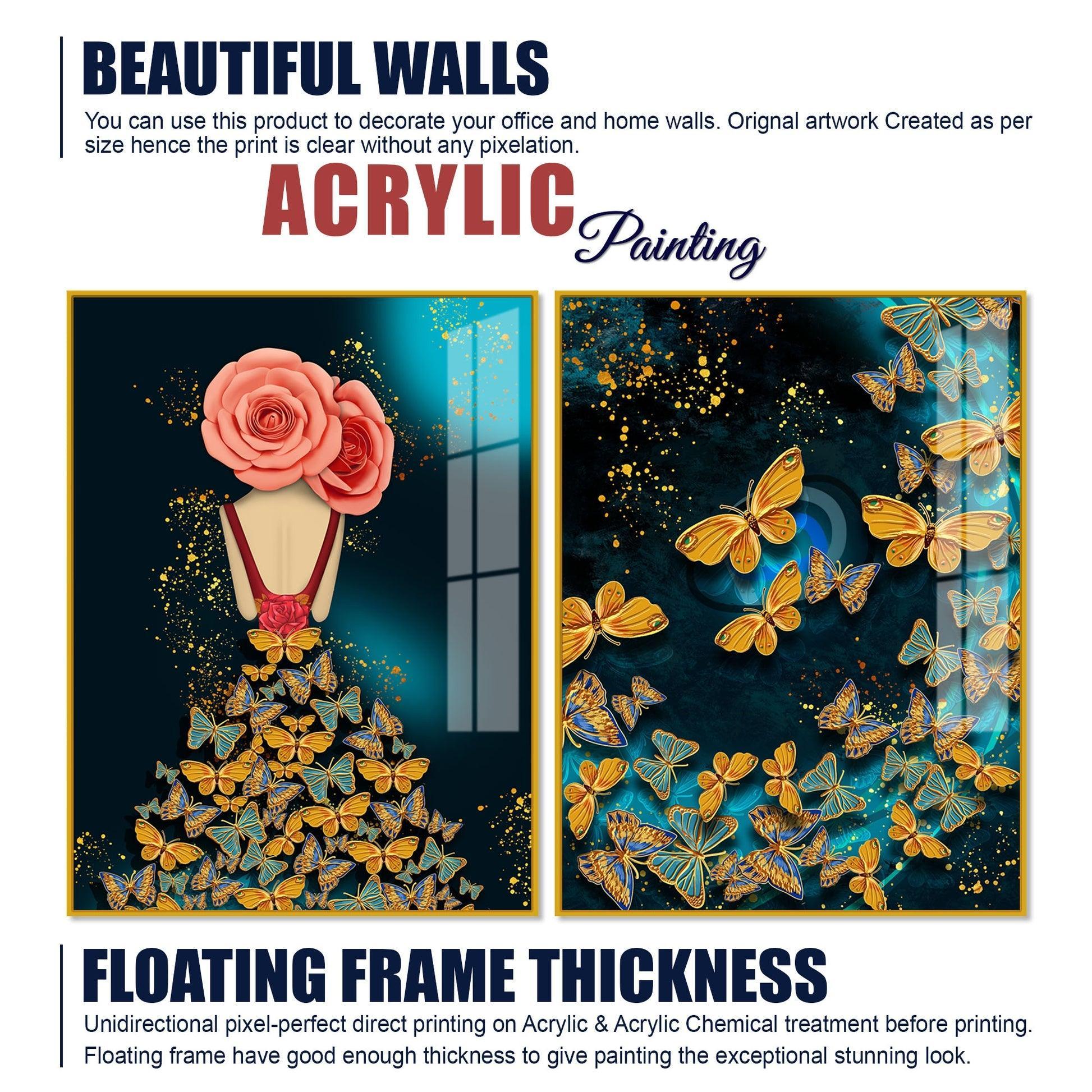 Dress of Golden Butterflies Acrylic Floating Wall Painting Set of 2 - Decor Smart