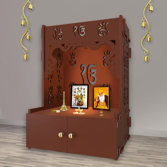 Ek - onkar Holy Symbol Floor Temple with Spacious Wooden Shelf & Inbuilt Focus Light - Brown Finish - Decor Smart