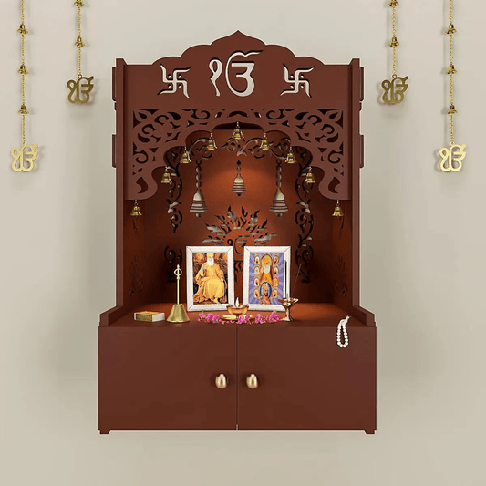 Ek - onkar Wall Temple with Inbuilt Focus Light & Spacious Wooden Shelf - Brown - Decor Smart