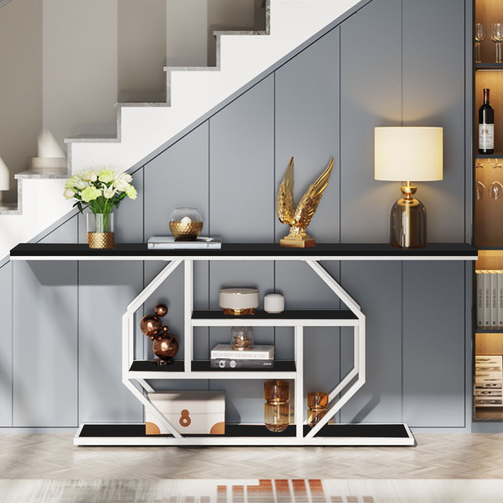Elegant Look Black White Four Tier Console Table - Decor Smart