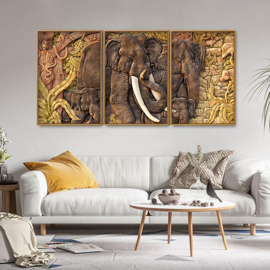 Elephant Family in the Forest Textured Art Floating Canvas Wall Painting Set of Three - Decor Smart