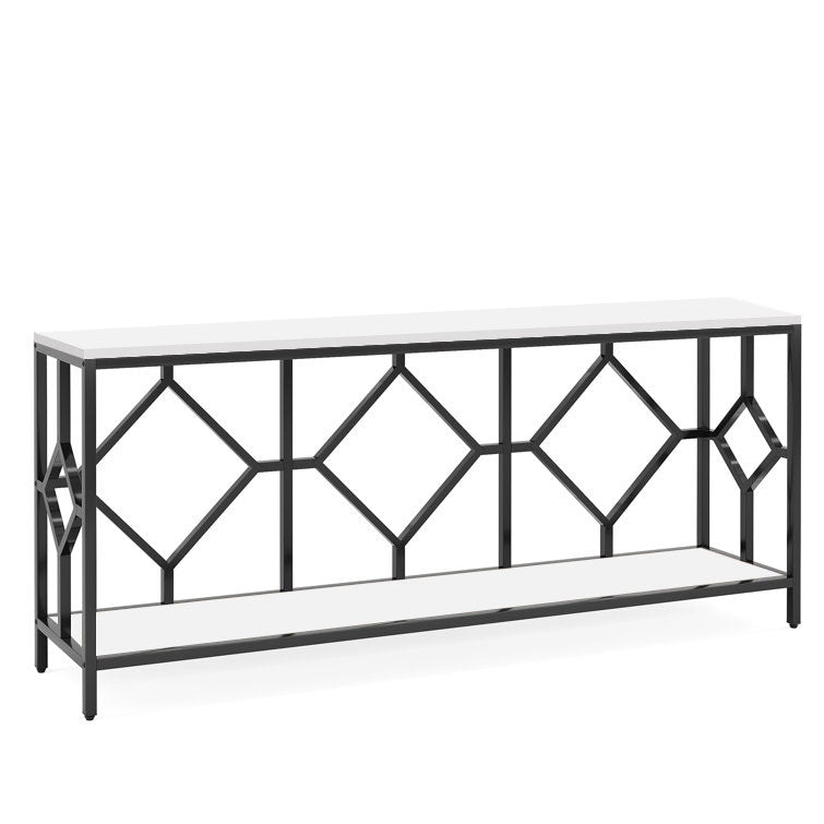 Extra Long White Black Durable Marble 2 Tier Console Table - Decor Smart