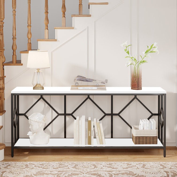 Extra Long White Black Durable Marble 2 Tier Console Table - Decor Smart