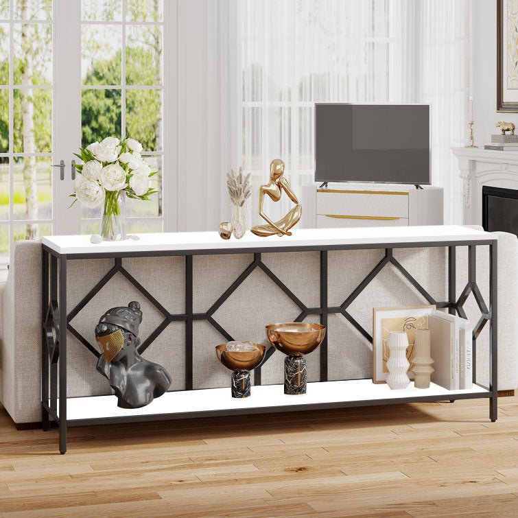 Extra Long White Black Durable Marble 2 Tier Console Table - Decor Smart