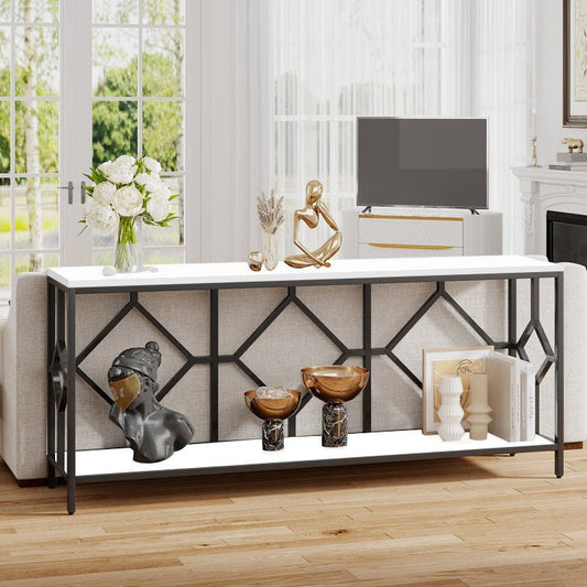 Extra Long White Black Durable Marble 2 Tier Console Table - Decor Smart