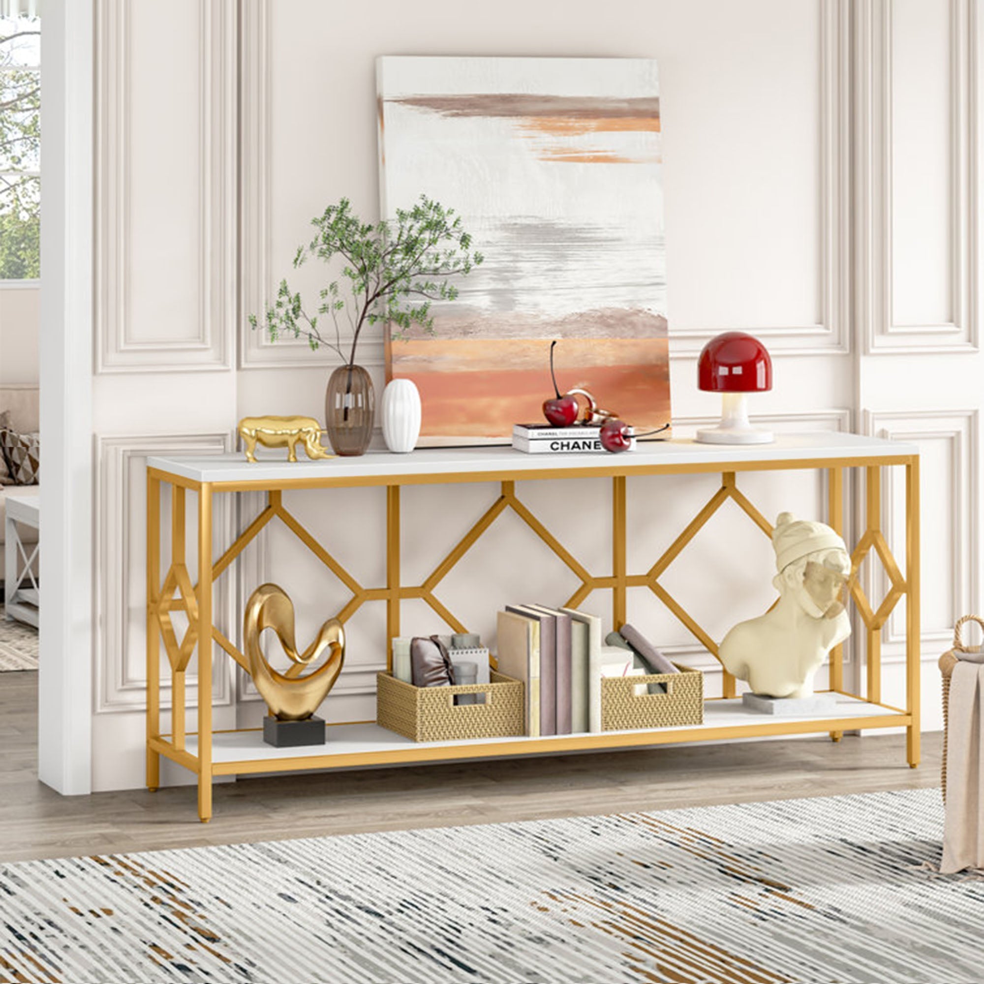 Extra Long White Gold Durable Marble 2 Tier Console Table - Decor Smart