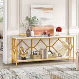 Extra Long White Gold Durable Marble 2 Tier Console Table - Decor Smart