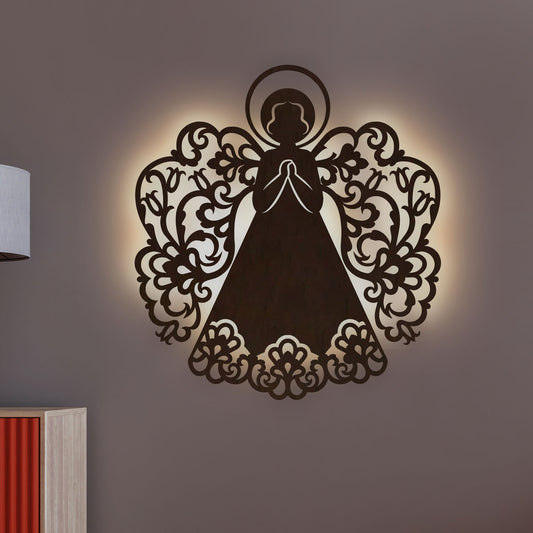 Fairy Angel Backlit Wooden Wall Hanging with LED Night Light Walnut Finish - Decor Smart