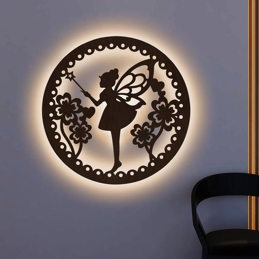 Fairy Butterfly Angel Backlit Wooden Wall Hanging with LED Night Light Walnut Finish - Decor Smart