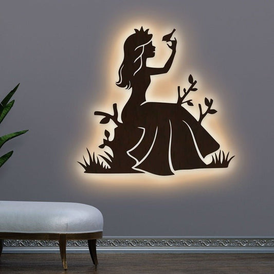Fairytale Princess Backlit Wooden Wall Decor with LED Night Light Walnut Finish - Decor Smart