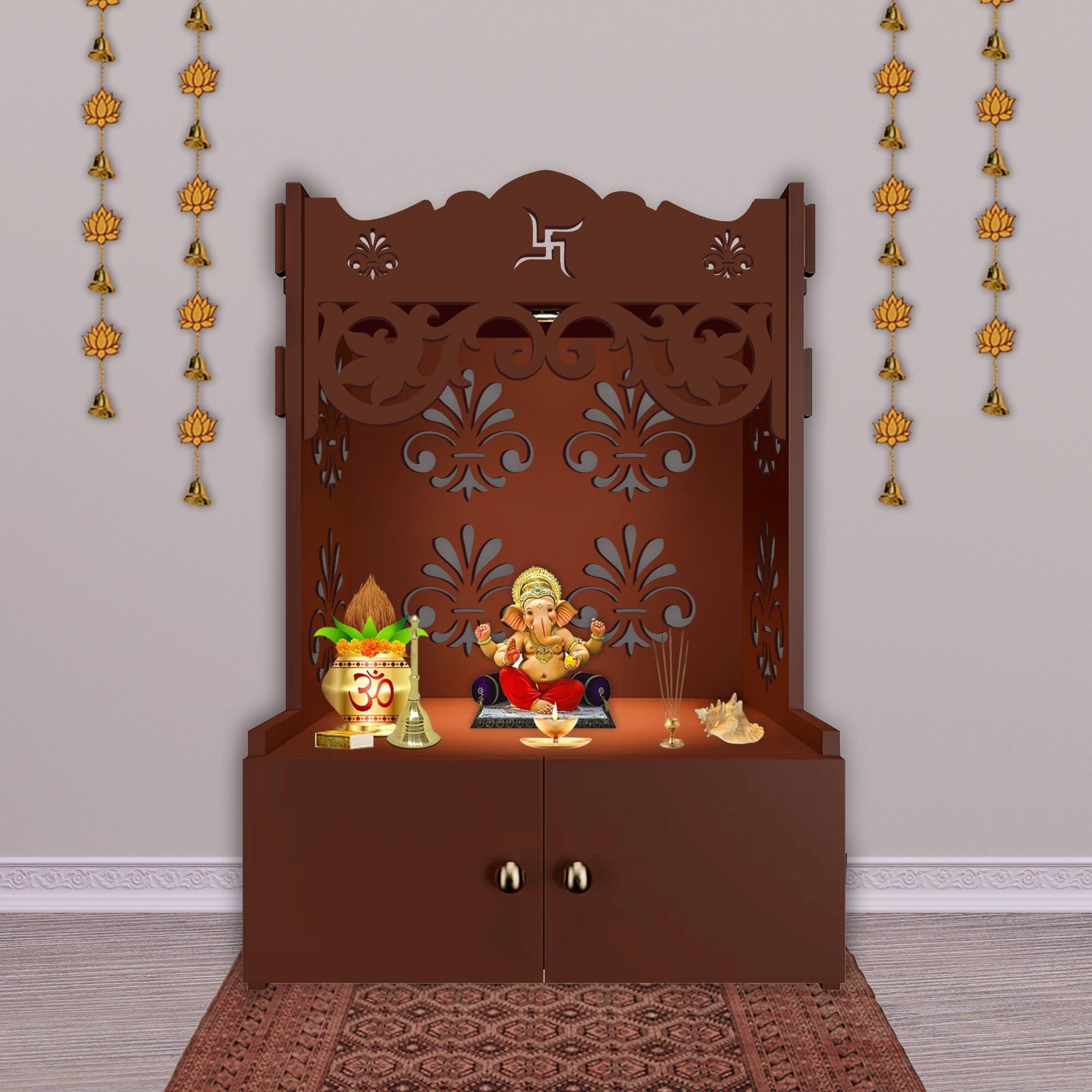 Floral Designer Pattern Floor Temple with Spacious Wooden Shelf & Inbuilt Focus Light - Brown Finish - Decor Smart
