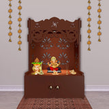 Floral Designer Pattern Floor Temple with Spacious Wooden Shelf & Inbuilt Focus Light - Brown Finish - Decor Smart