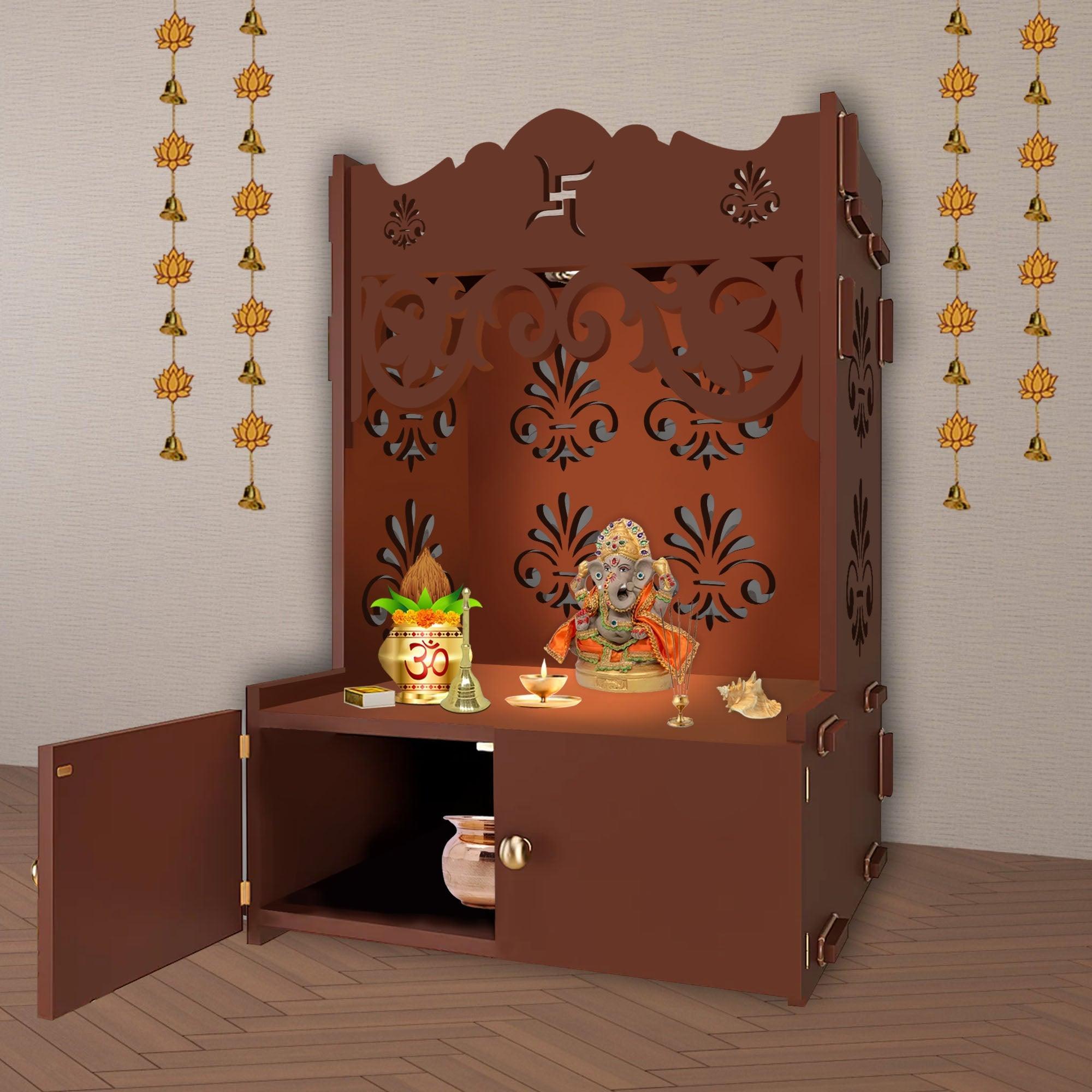 Floral Designer Pattern Floor Temple with Spacious Wooden Shelf & Inbuilt Focus Light - Brown Finish - Decor Smart