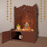 Floral Designer Pattern Floor Temple with Spacious Wooden Shelf & Inbuilt Focus Light - Brown Finish - Decor Smart
