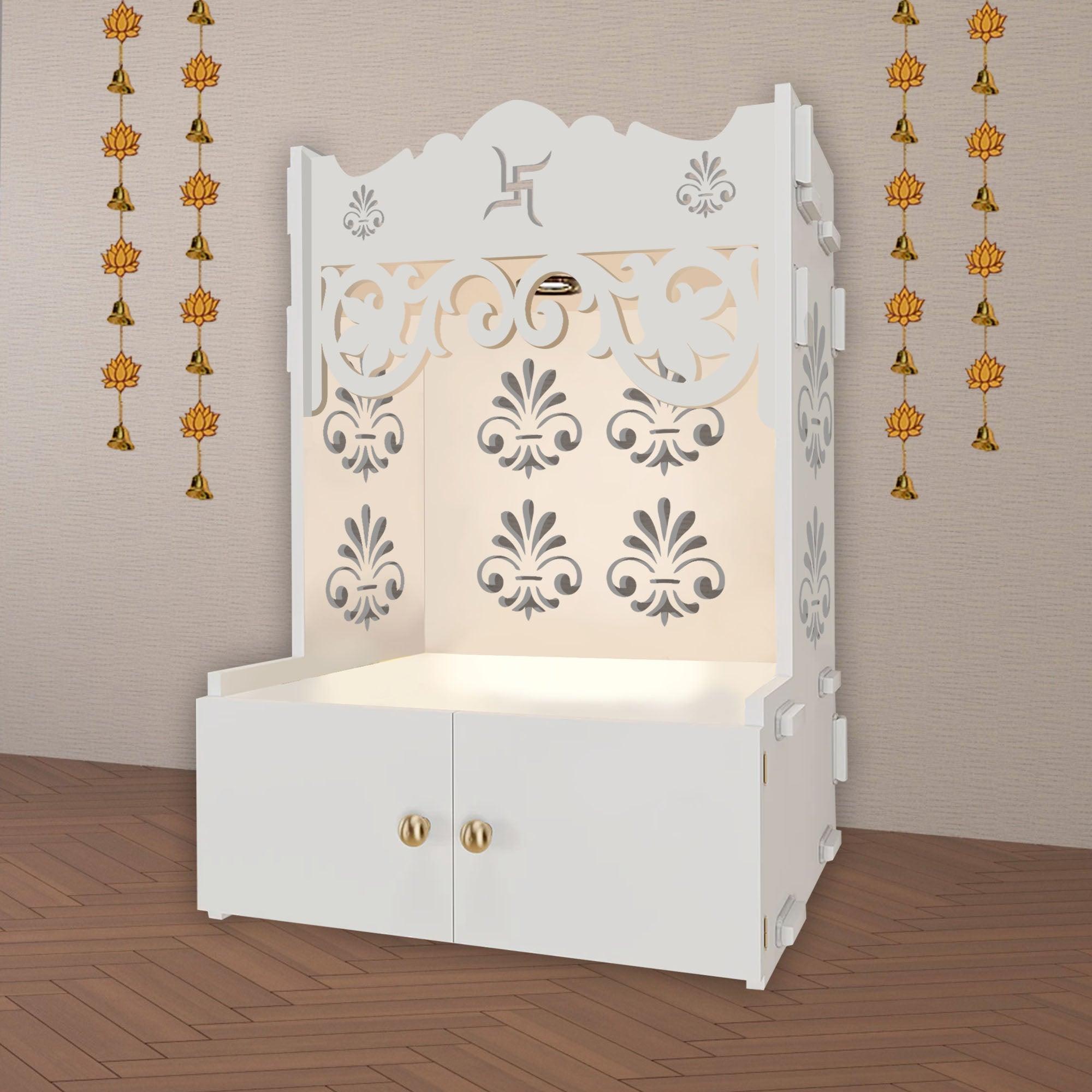 Floral Designer Pattern Floor Temple with Spacious Wooden Shelf & Inbuilt Focus Light - White Finish - Decor Smart