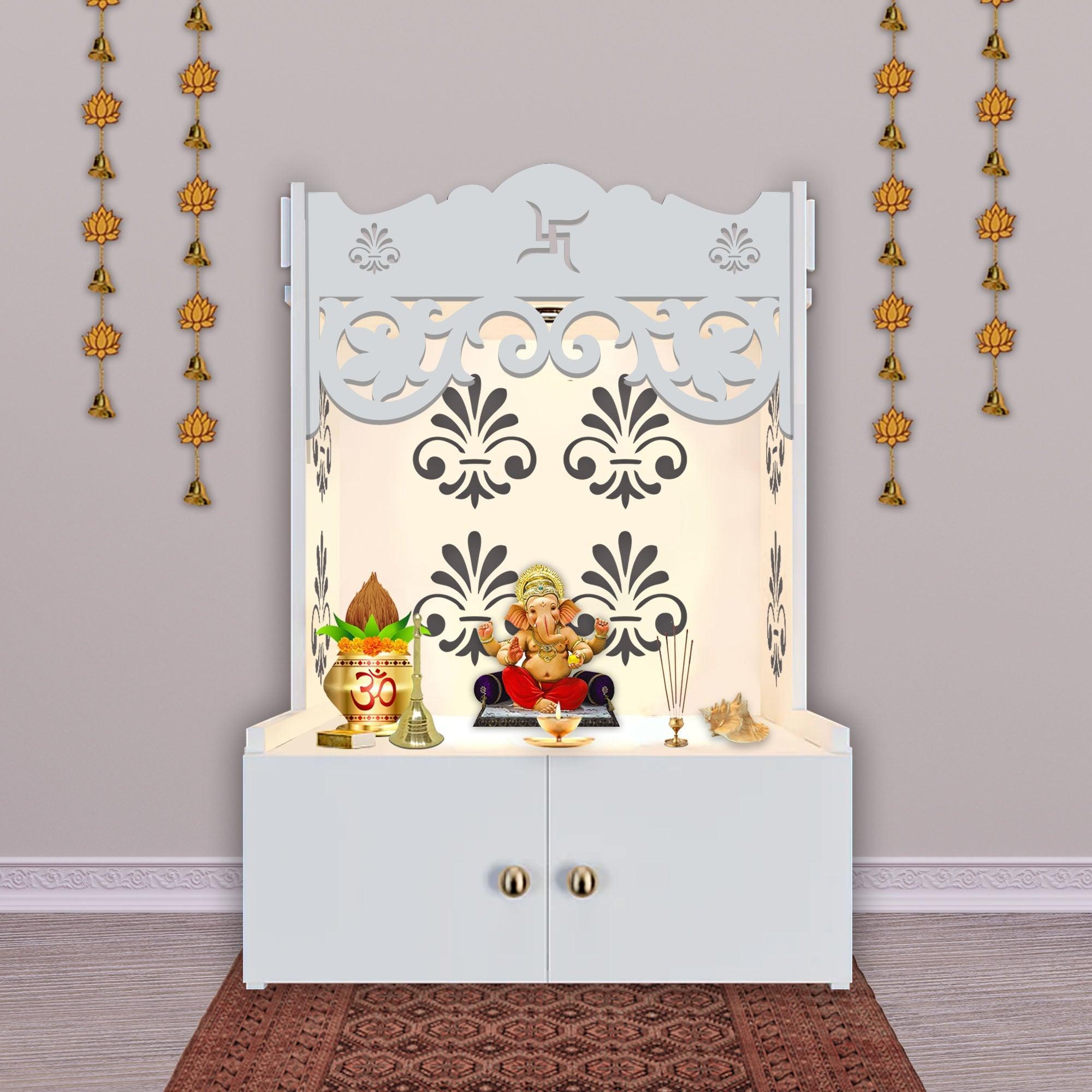 Floral Designer Pattern Floor Temple with Spacious Wooden Shelf & Inbuilt Focus Light - White Finish - Decor Smart