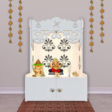 Floral Designer Pattern Floor Temple with Spacious Wooden Shelf & Inbuilt Focus Light - White Finish - Decor Smart