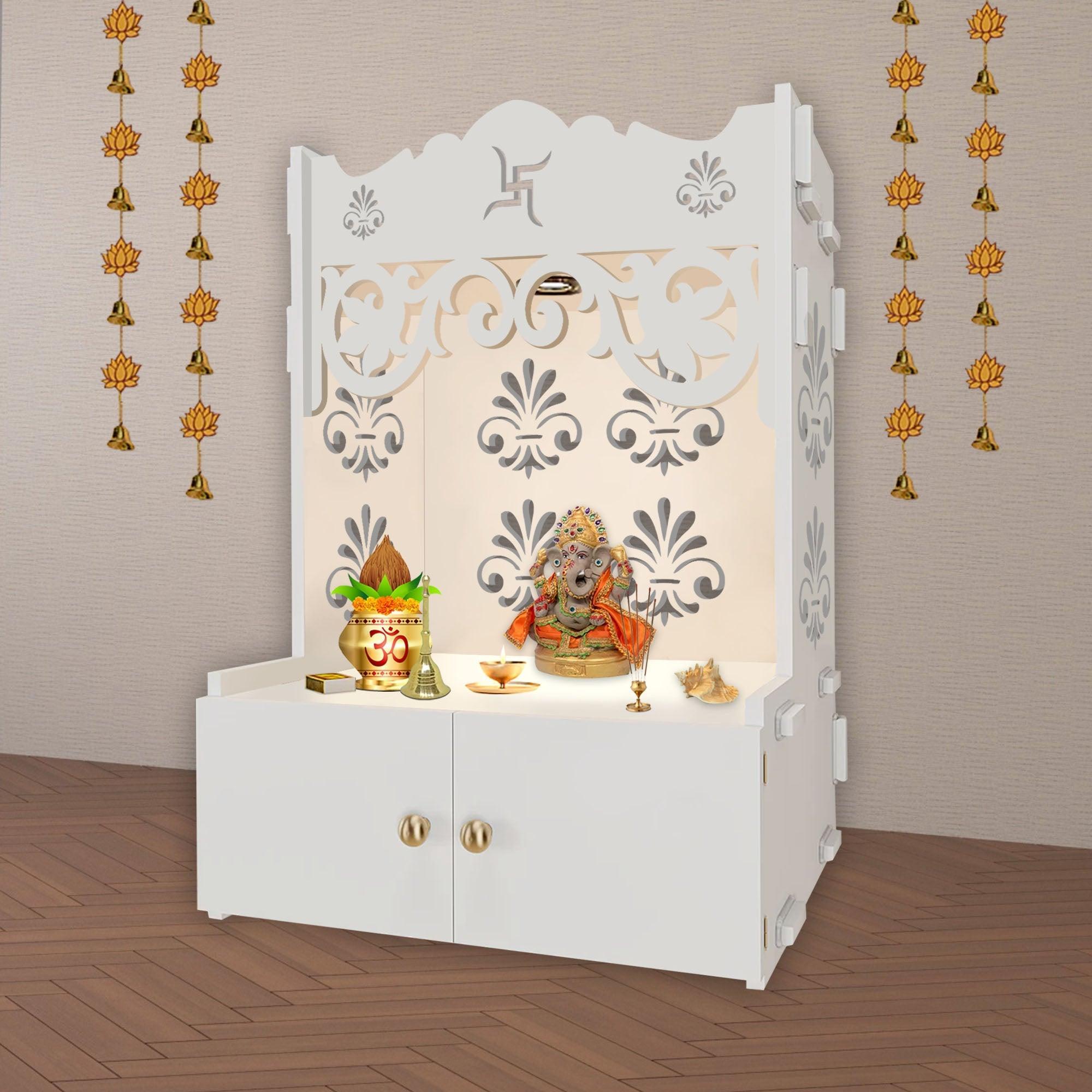 Floral Designer Pattern Floor Temple with Spacious Wooden Shelf & Inbuilt Focus Light - White Finish - Decor Smart