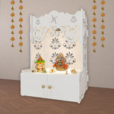 Floral Designer Pattern Floor Temple with Spacious Wooden Shelf & Inbuilt Focus Light - White Finish - Decor Smart