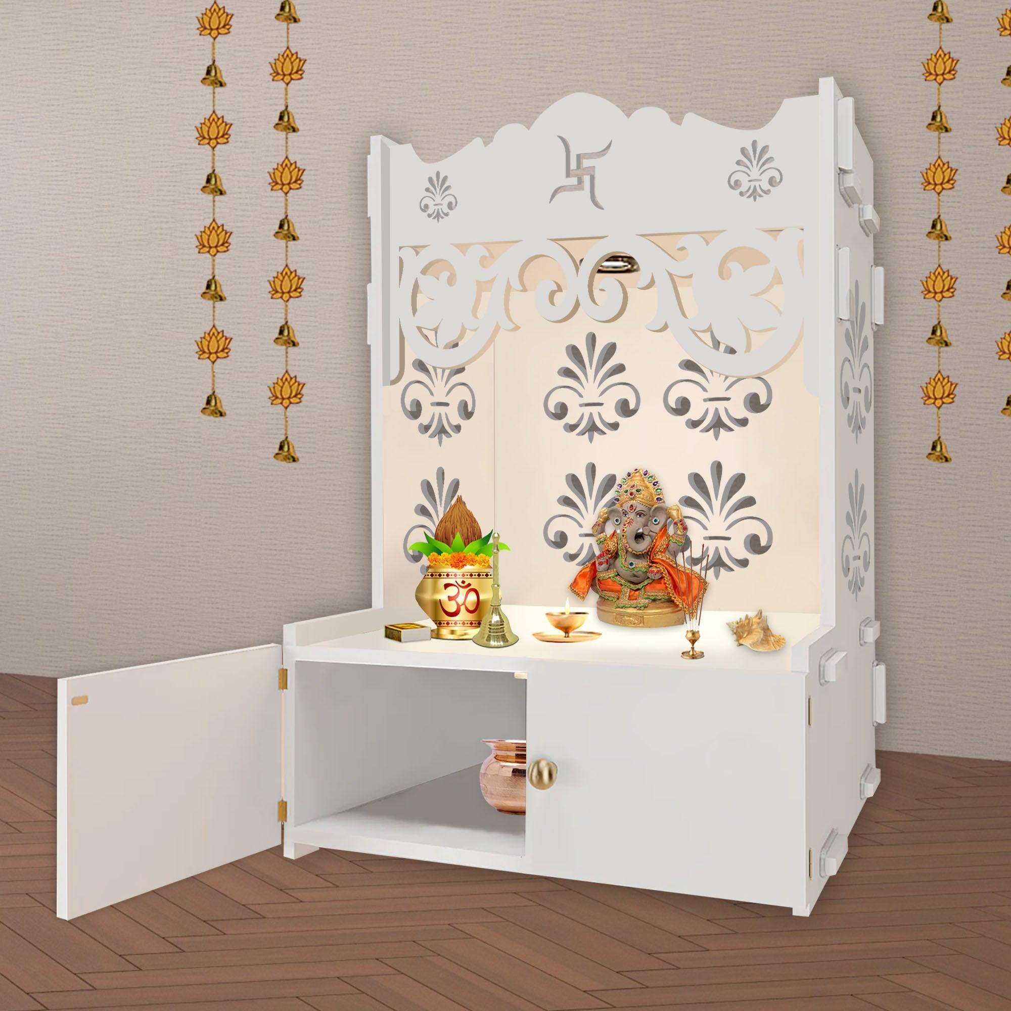 Floral Designer Pattern Floor Temple with Spacious Wooden Shelf & Inbuilt Focus Light - White Finish - Decor Smart