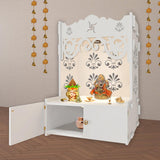 Floral Designer Pattern Floor Temple with Spacious Wooden Shelf & Inbuilt Focus Light - White Finish - Decor Smart
