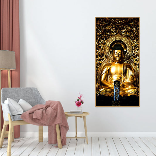 Gautam Buddha Golden Sculpture Vertical Wall Painting - Decor Smart