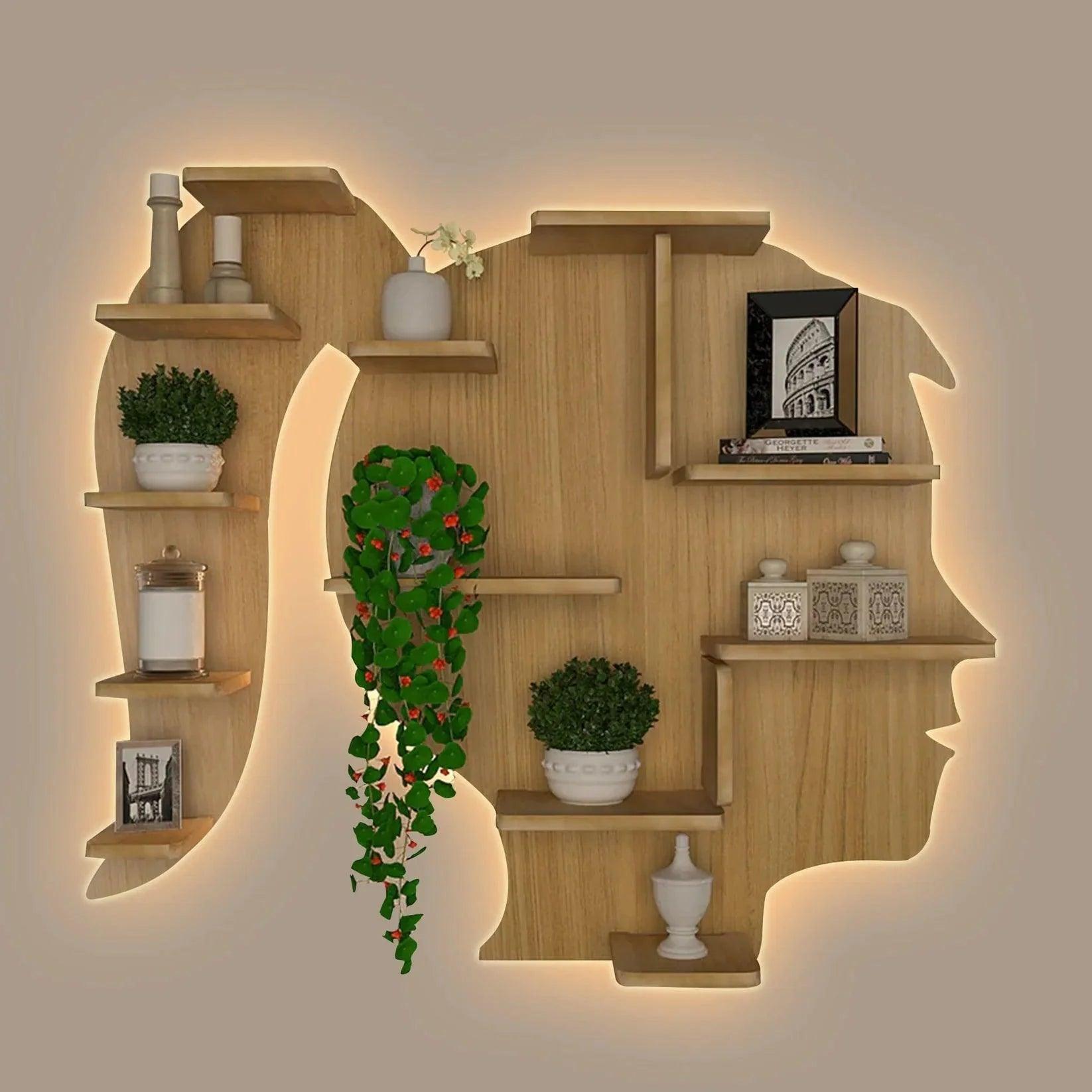 Girl Backlit Designer Wooden Wall Shelf / Book Shelf / Night Light, Light Oak Finish - Decor Smart