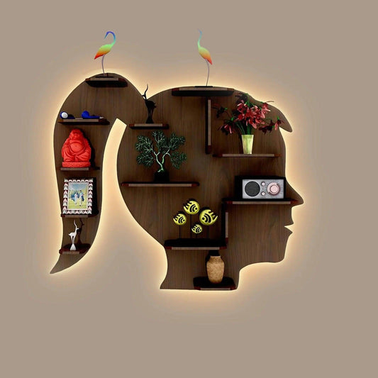 Girl Backlit Designer Wooden Wall Shelf / Book Shelf / Night Light, Walnut Finish - Decor Smart