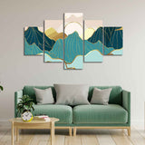 Gold Mountain Landscape Line art with Sunrise Background 5 Pieces Wall Painting - Decor Smart