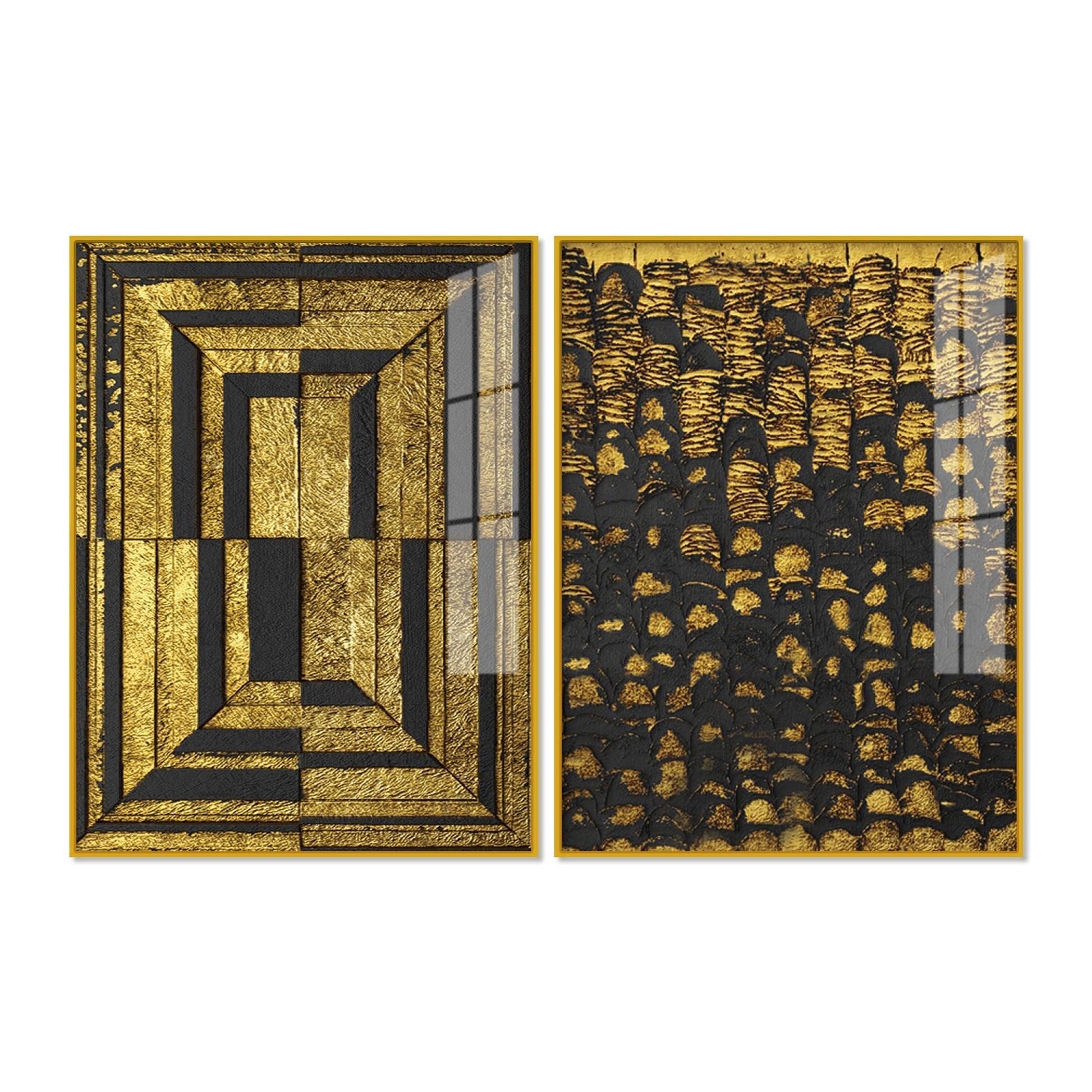 Golden Abstract Artistic Shapes Art Acrylic Floating Wall Painting Set Of 2 - Decor Smart