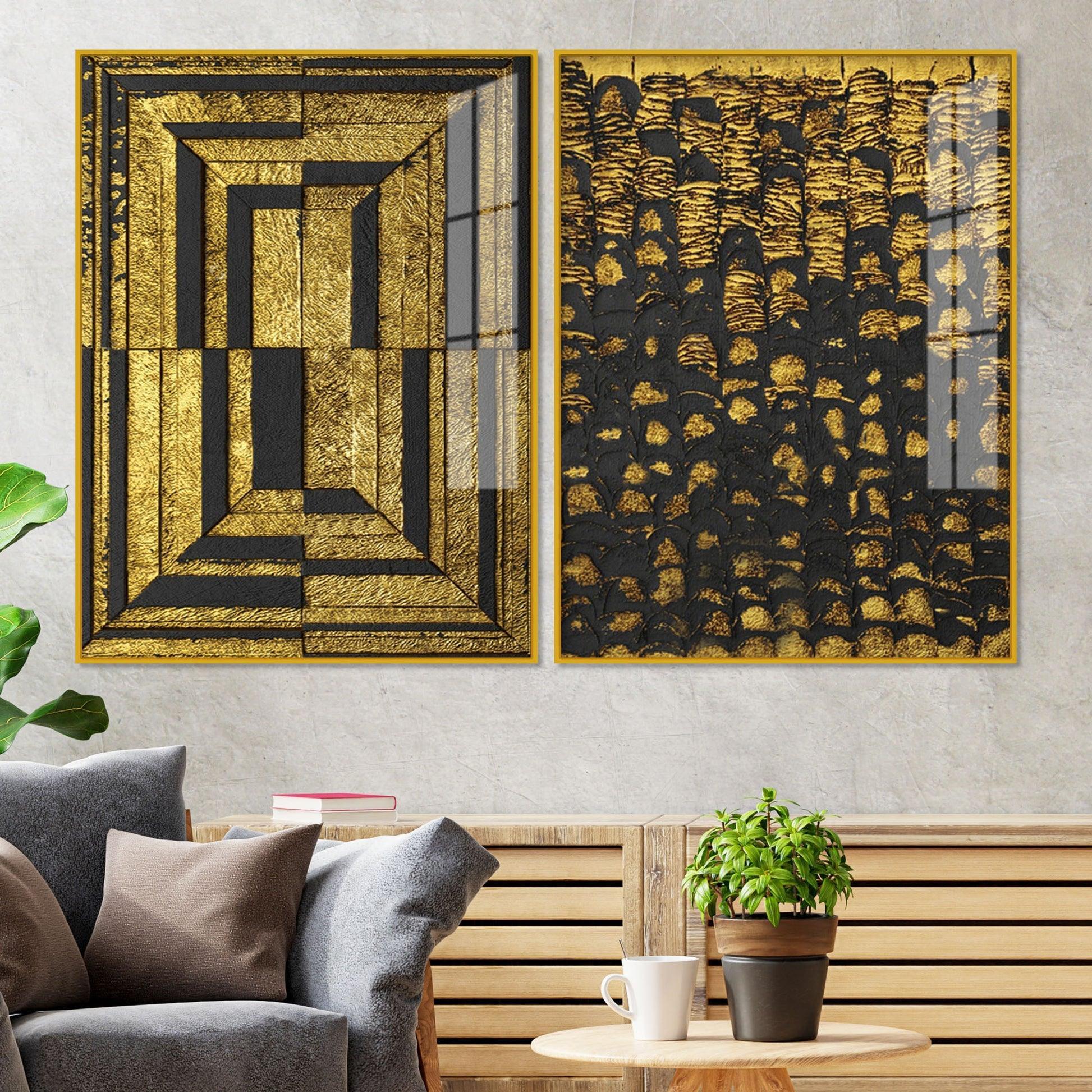 Golden Abstract Artistic Shapes Art Acrylic Floating Wall Painting Set Of 2 - Decor Smart