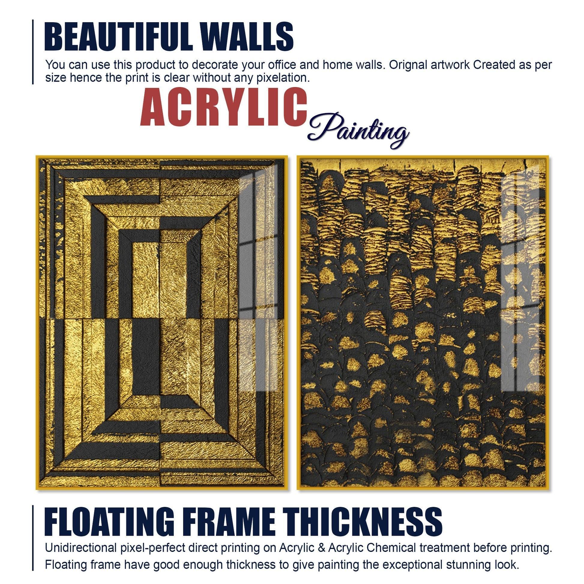 Golden Abstract Artistic Shapes Art Acrylic Floating Wall Painting Set Of 2 - Decor Smart