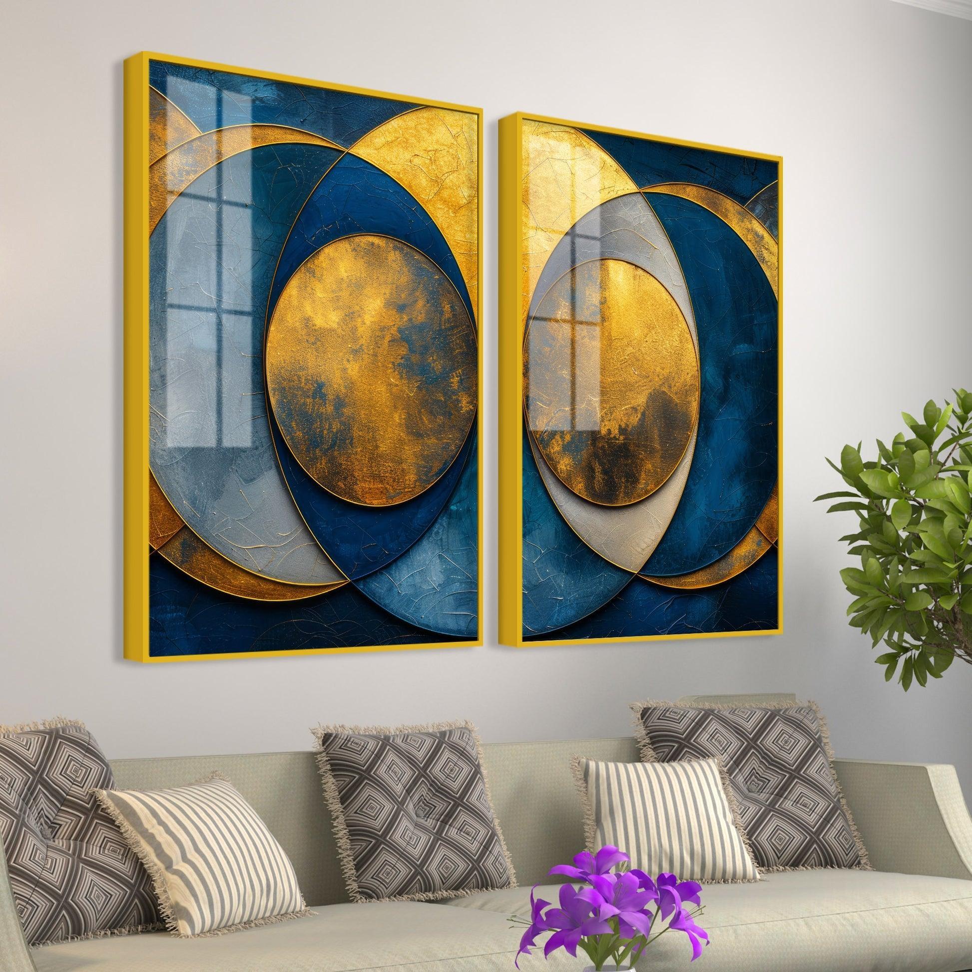 Golden Abstract Modern Circle Acrylic Floating Wall Painting Set of Two Pieces - Decor Smart