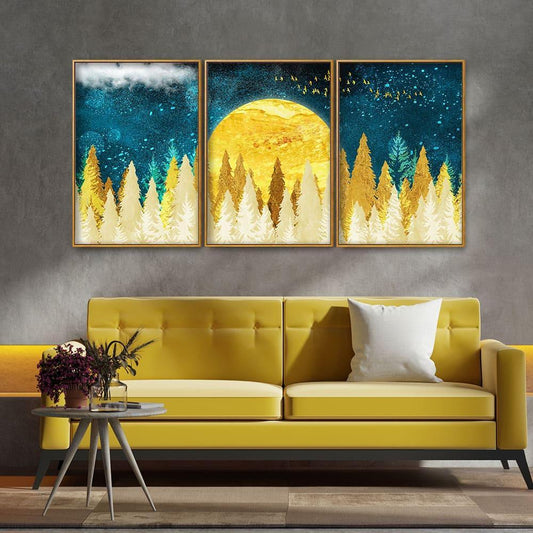 Golden Abstract Tree Premium Canvas Floating Canvas Wall Painting Set of Three - Decor Smart