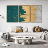 Golden Birds Flying Luxurious Art Premium Floating Canvas Wall Painting Set of Three - Decor Smart